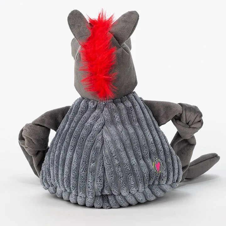 Plush grey dog toy with red mohawk, knotted limbs, and ribbed fabric, perfect for Southern Methodist University fans.