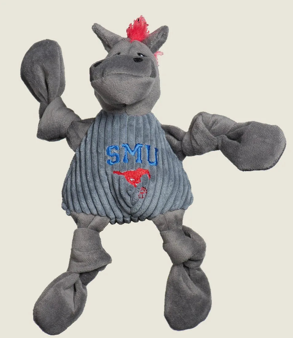 Gray Peruna Knottie® plush dog toy featuring SMU logo, made with durable corduroy and knotted limbs, ideal for play.