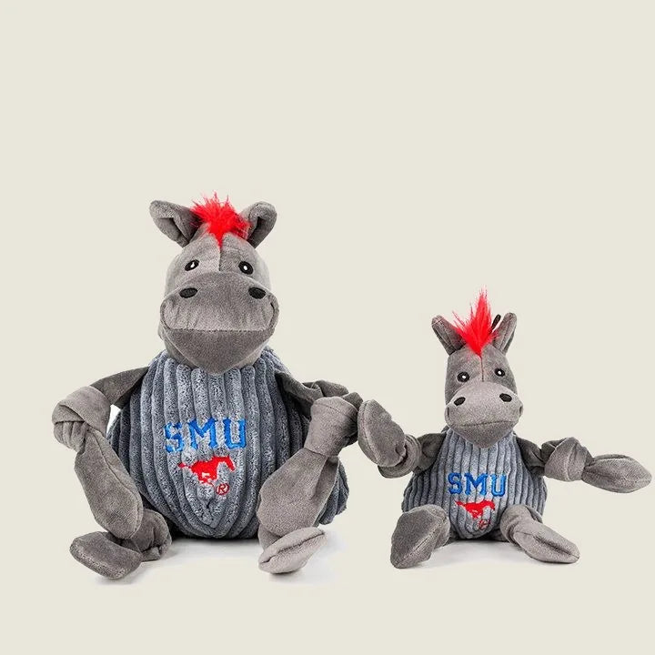 Gray plush Peruna Knottie® dog toys in two sizes, featuring a red mane and SMU logo, perfect for play and cuddling.