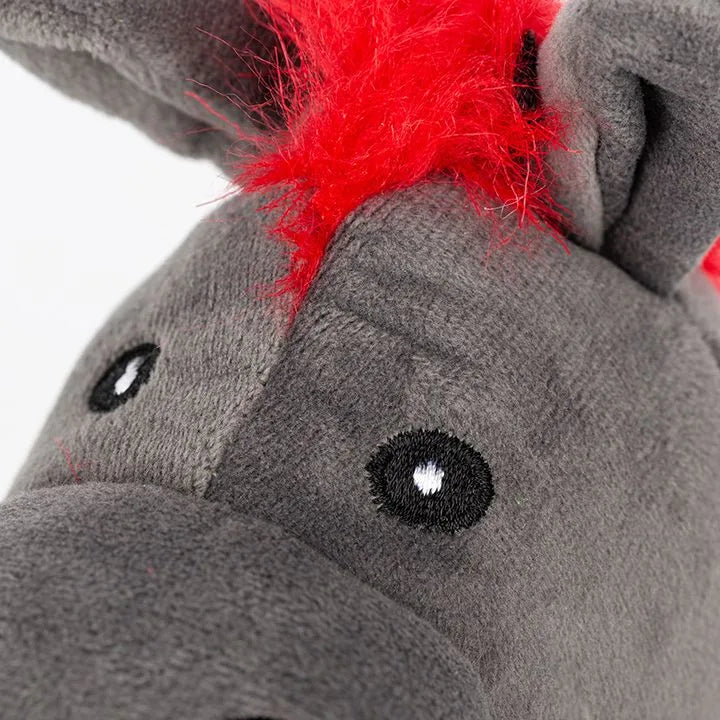 Gray plush horse toy with black embroidered eyes and bright red tuft, perfect for Southern Methodist University fans.