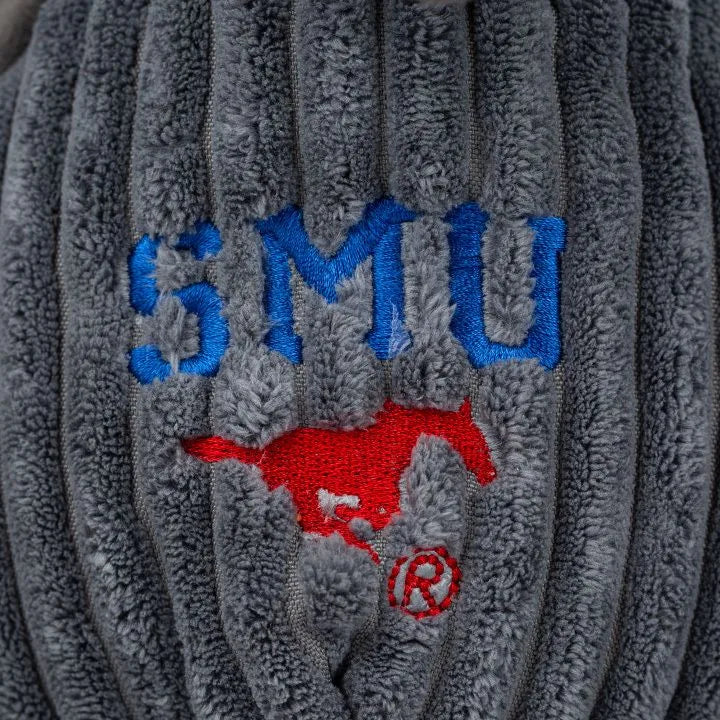 Gray corduroy plush featuring blue "SMU" text and a red Mustang logo, designed for interactive dog play.