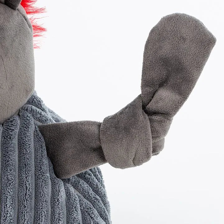 Gray plush dog toy limb with a knotted design, featuring soft corduroy texture and red accents for added fun.