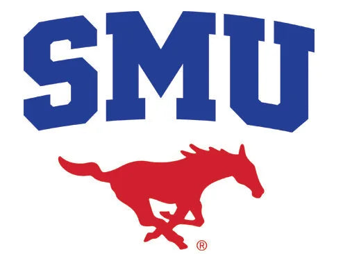 Official SMU logo in blue with a red Mustang silhouette, representing the NCAA Southern Methodist University spirit.