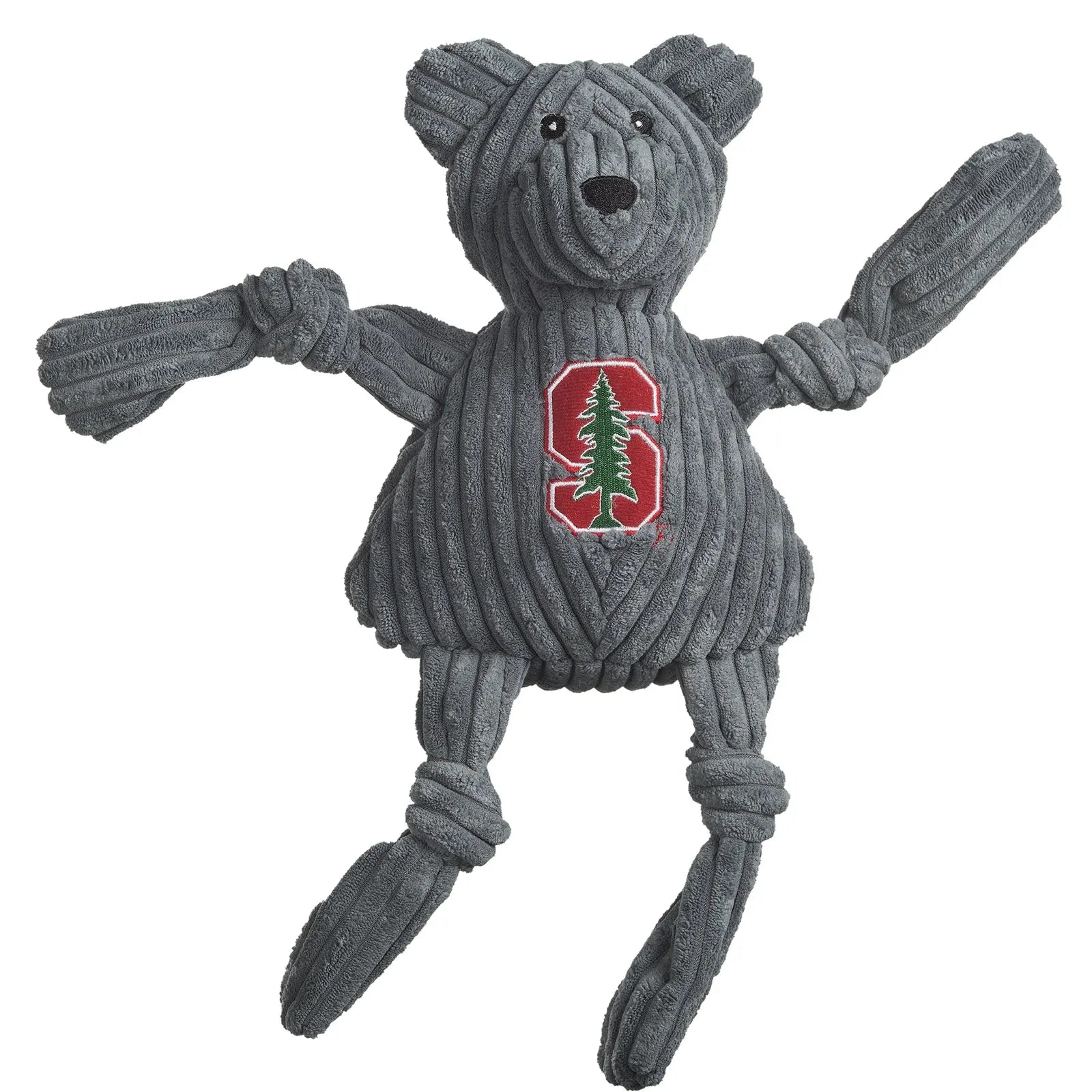 Gray Stanford Tree Bear Knottie plush toy with knotted limbs and iconic logo, designed for interactive play.