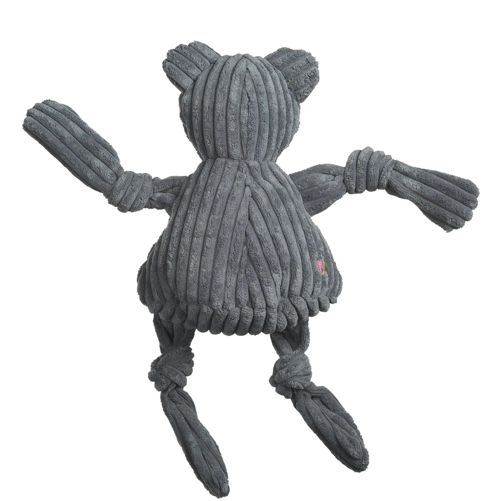 Plush gray Stanford Tree Bear toy with knotted limbs and five squeakers, perfect for interactive dog play.