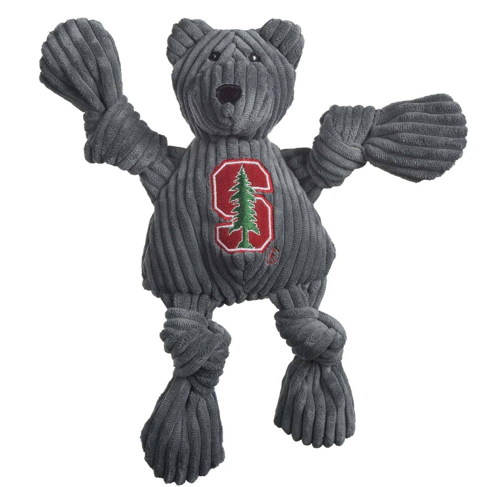 Gray plush dog toy shaped like a bear, featuring Stanford's logo, knotted arms, and a soft corduroy texture.
