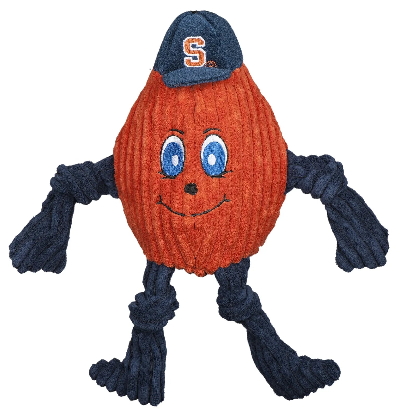 Syracuse University mascot plush dog toy, Otto the Orange, in vibrant orange with navy limbs and a cap, featuring five squ...