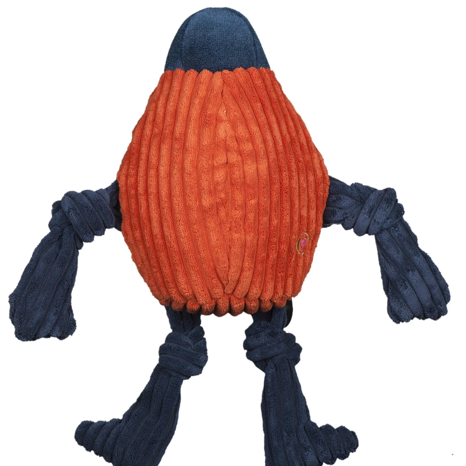 Durable plush dog toy in vibrant orange and blue, featuring knotted limbs and five squeakers for interactive play.