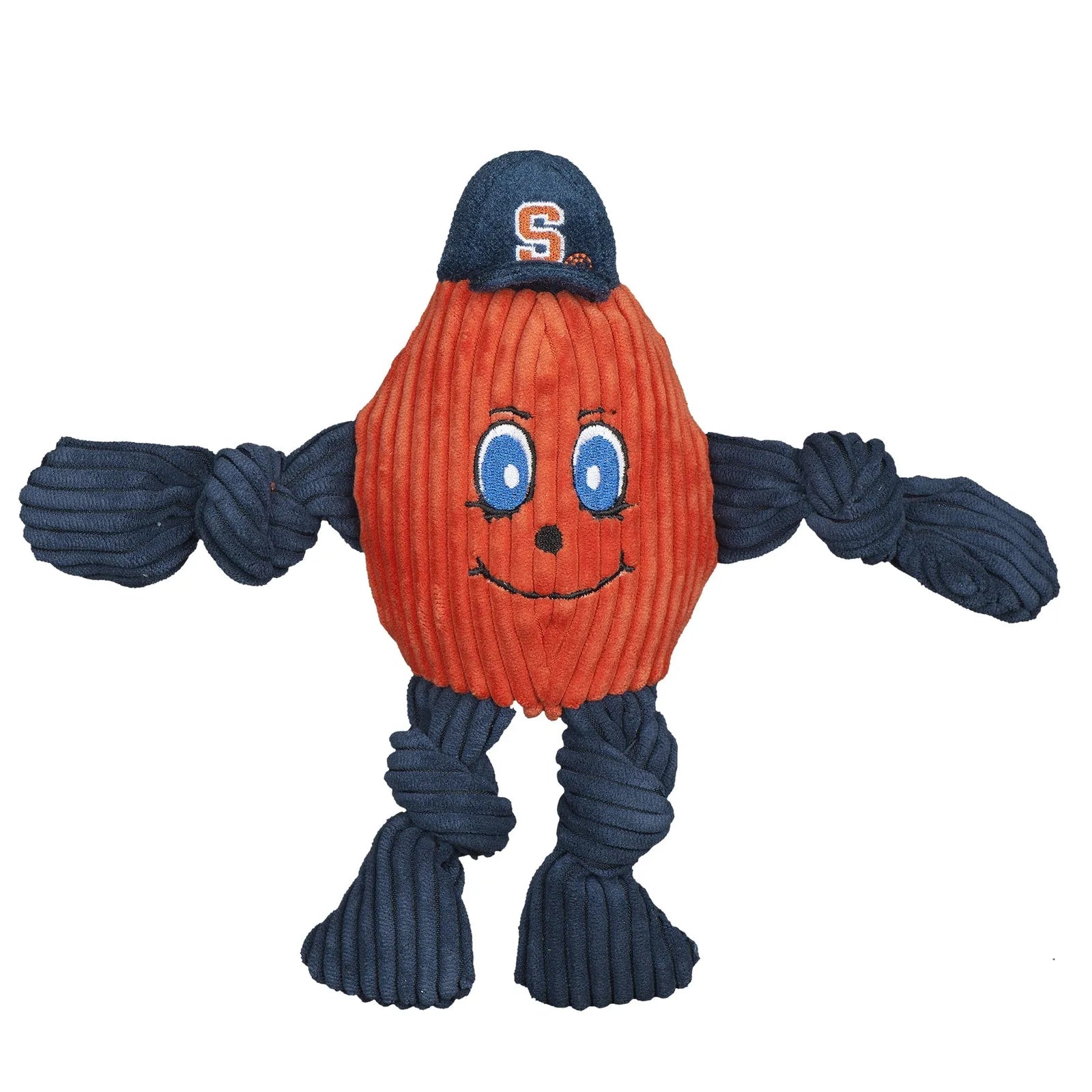 Durable orange plush dog toy with knotted blue limbs, featuring a smiling face and Syracuse University cap.