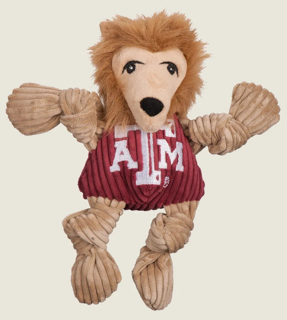 Reveille Knottie® plush dog toy in maroon and tan, featuring knotted limbs and textured fabric for playful interaction.
