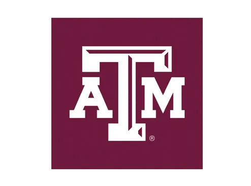 Texas A&M University logo in white on a maroon background, representing school spirit for the Reveille Knottie plush dog toy.