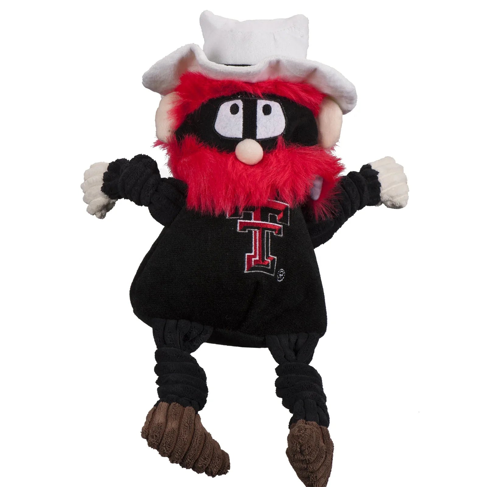 Raider Red plush dog toy with red fur, black shirt featuring Texas Tech logo, and knotted limbs for interactive play.