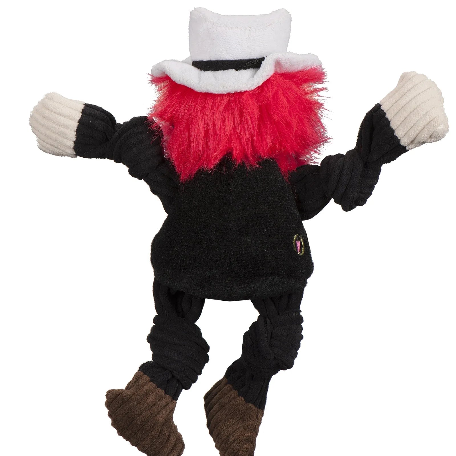 Texas Tech Raider Red knottie plush dog toy with red fur, black body, knotted limbs, and five squeakers for interactive play.