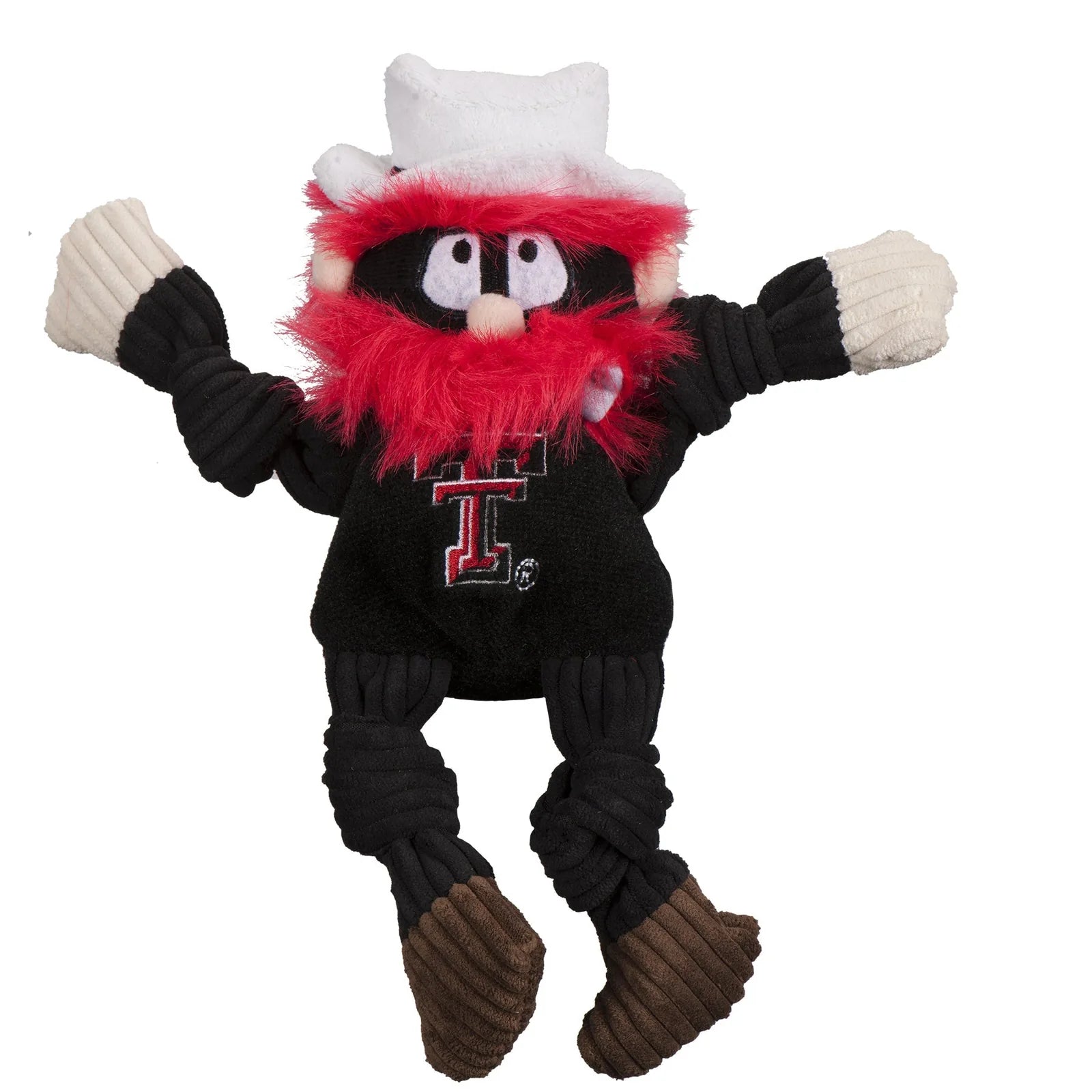 Raider Red plush dog toy with red fur, knotted limbs, and Texas Tech branding; ideal for interactive play and chewing.