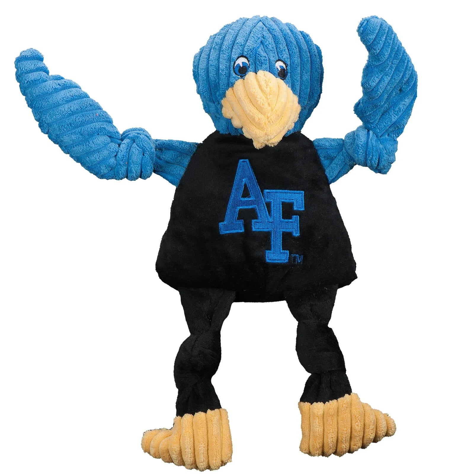Blue Gyr Falcon plush dog toy with knotted limbs and an "AF" logo on a black body, perfect for playful dogs.