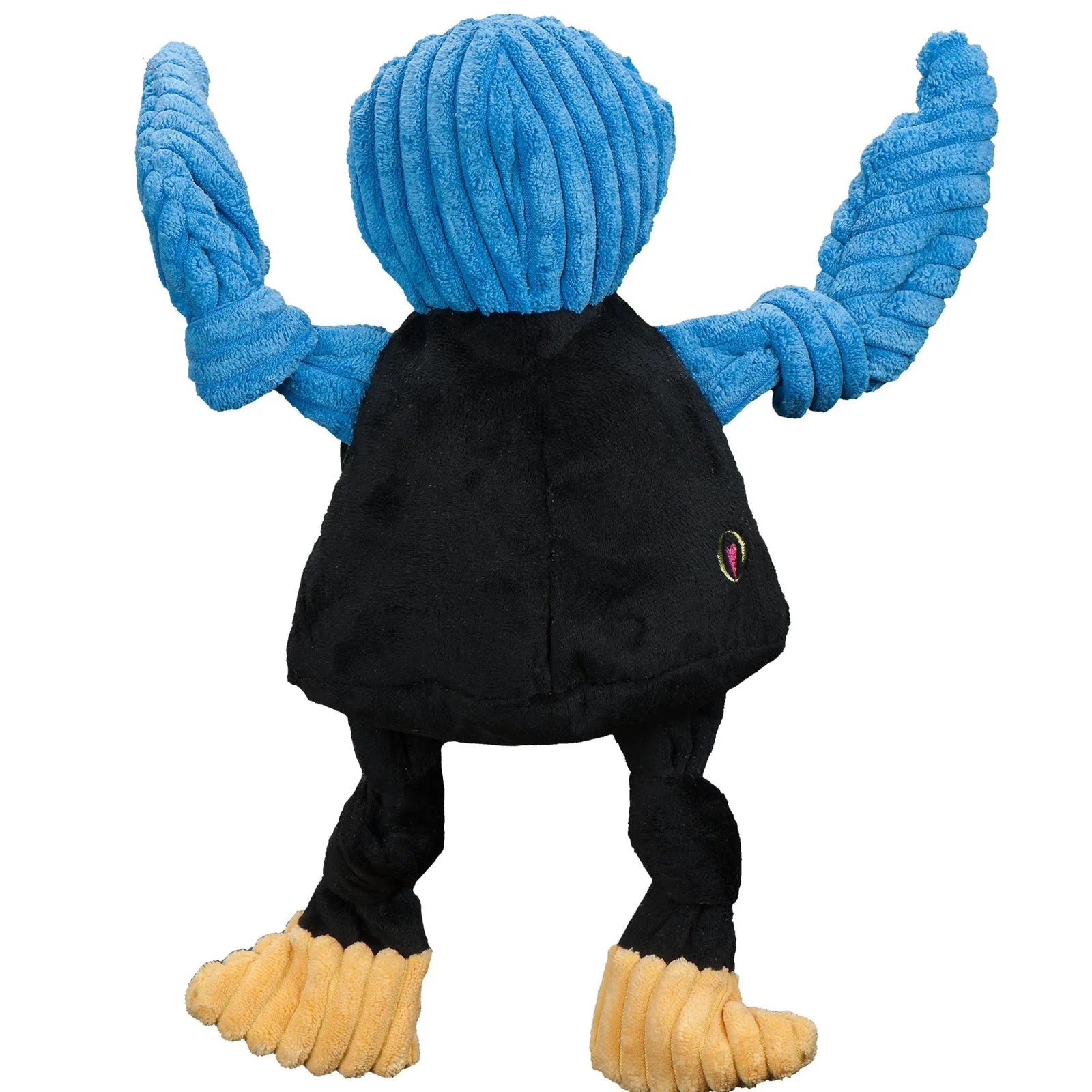 Blue and black Gyr Falcon plush dog toy with knotted limbs and squeakers, perfect for interactive play and cuddling.