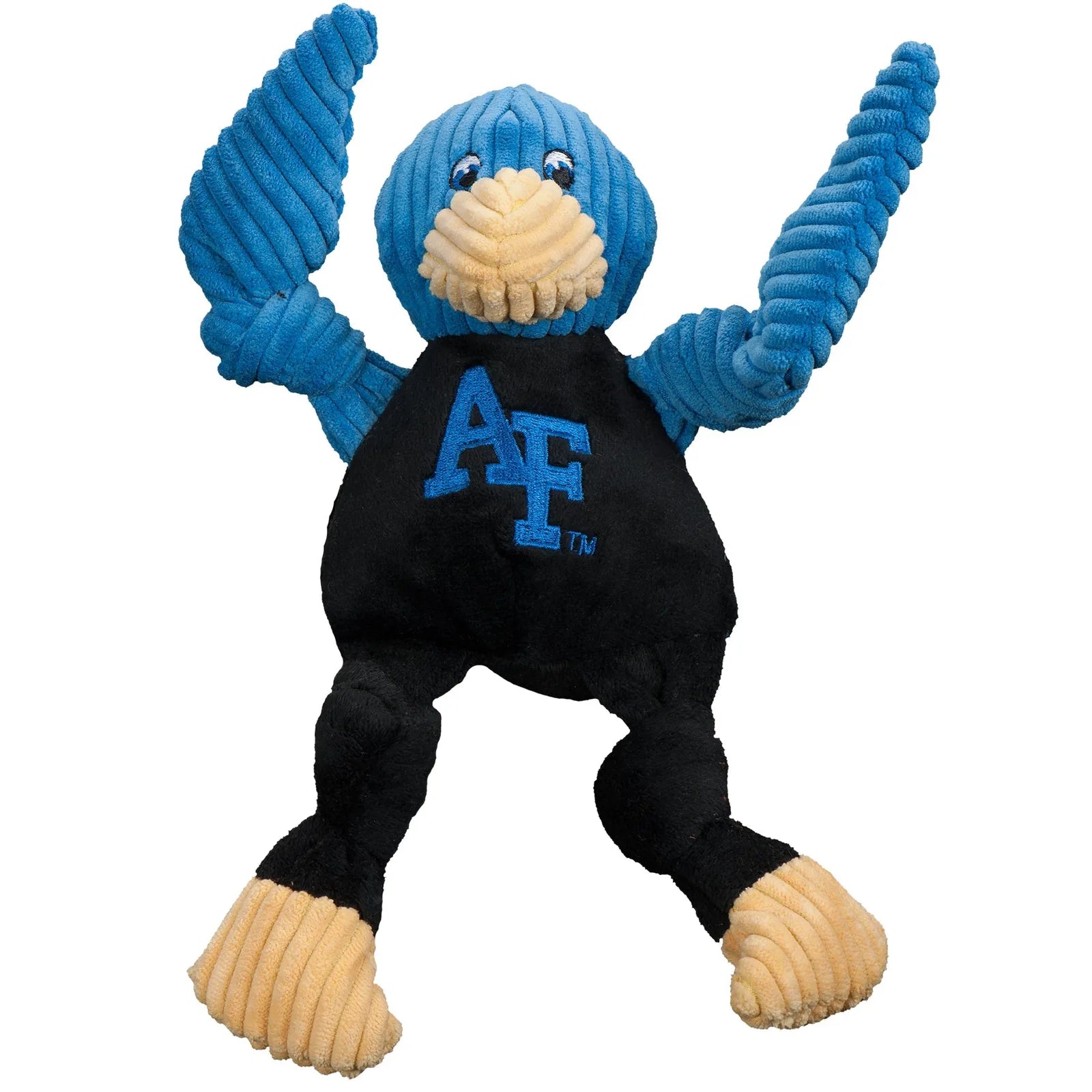NCAA U.S. Air Force Academy Gyr Falcon plush dog toy in blue and black, featuring knotted limbs and five squeakers.