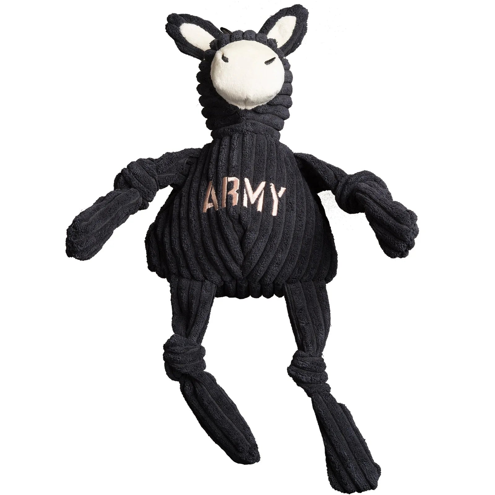 Plush Army Mule dog toy with knotted limbs, soft black corduroy texture, and embroidered "ARMY" on the body.