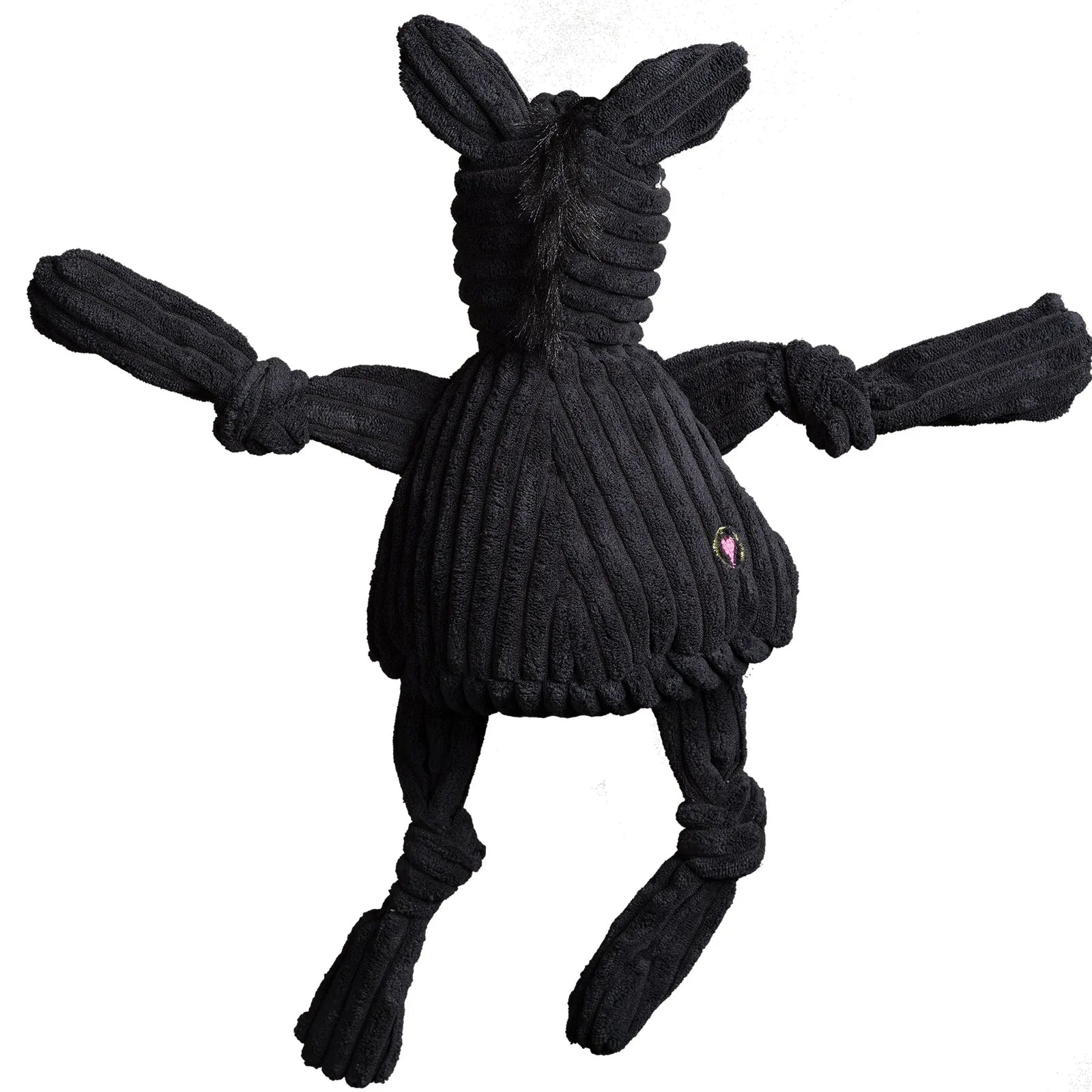 Black plush Army Mule dog toy with knotted limbs and five squeakers, featuring a ribbed texture and soft corduroy material.