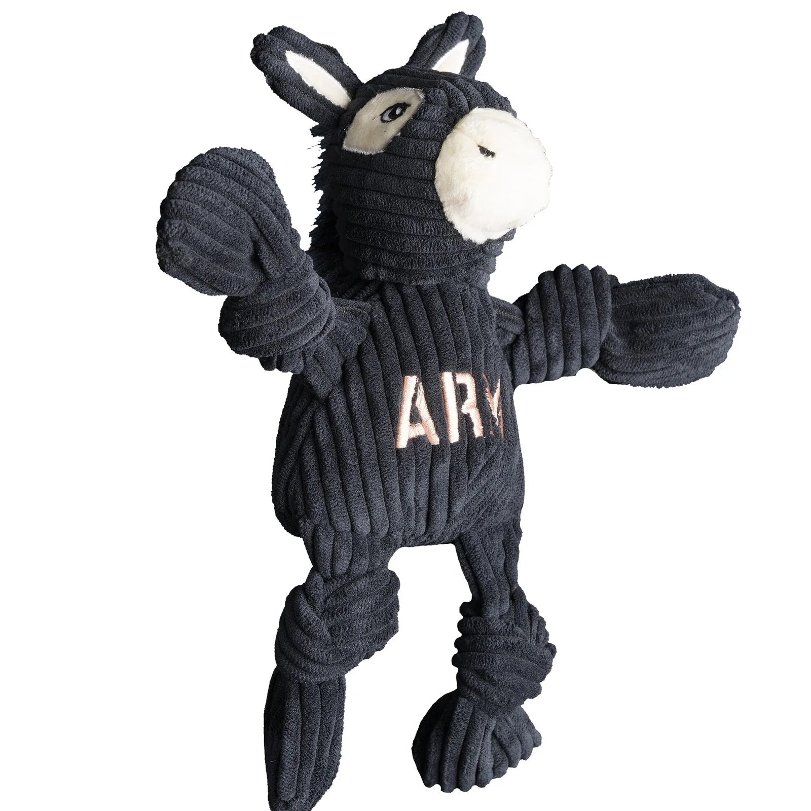 Grey plush dog toy shaped like an Army mule, featuring knotted limbs and "ARY" stitched on the front.