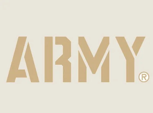 Official NCAA Army logo in bold beige lettering against a light background for the Army Mule Knottie plush dog toy.