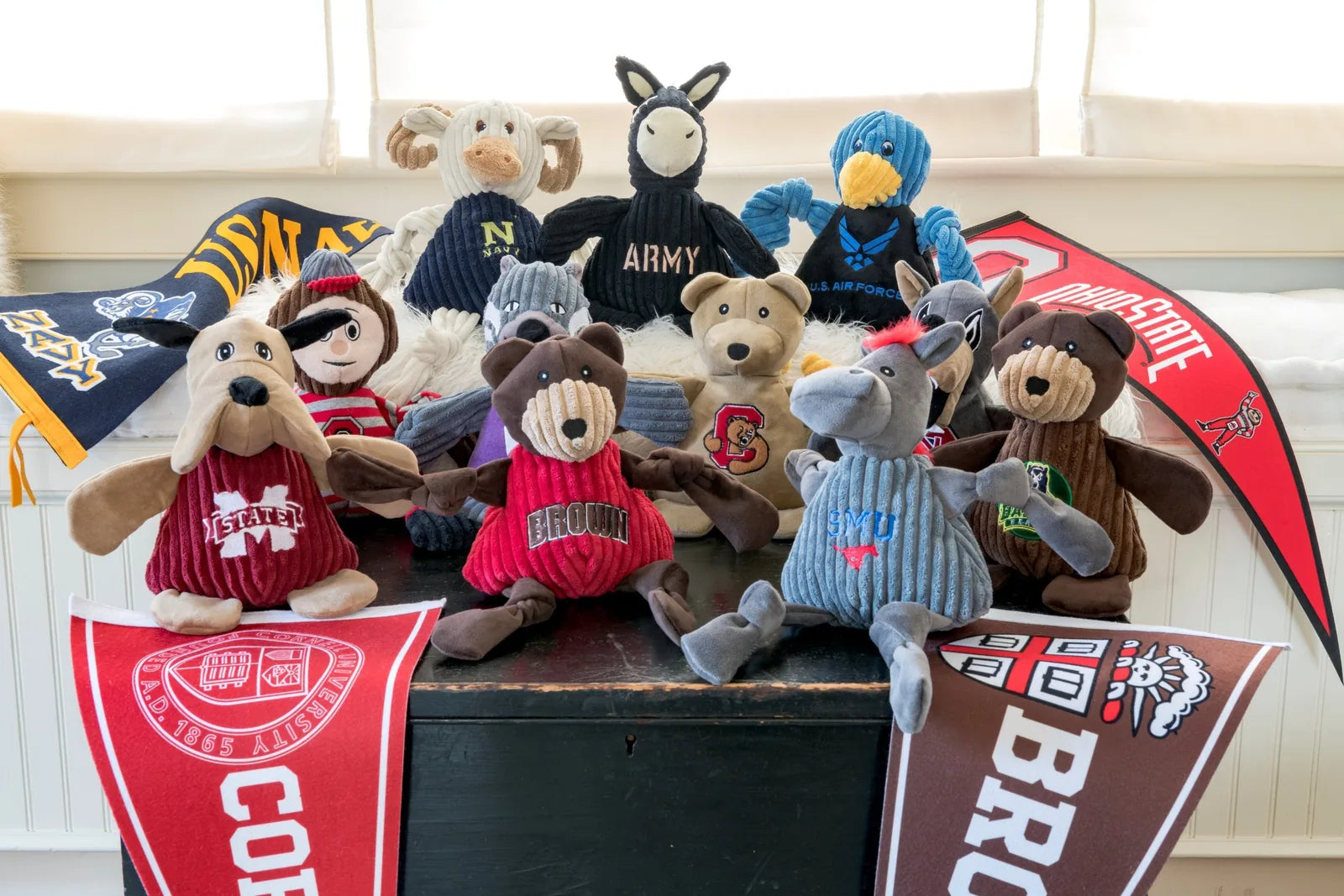 Plush NCAA dog toys in various colors and designs, featuring knotted limbs and mascot logos, arranged with pennants.