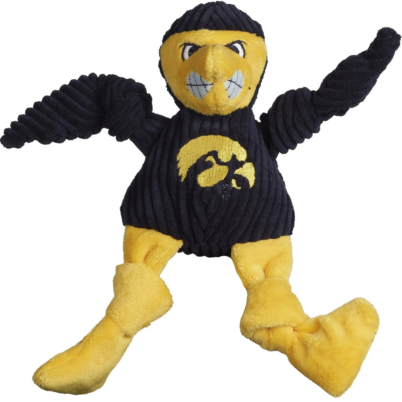 Plush Herky the Hawk dog toy in black and yellow, featuring knotted limbs and multiple squeakers for interactive play.