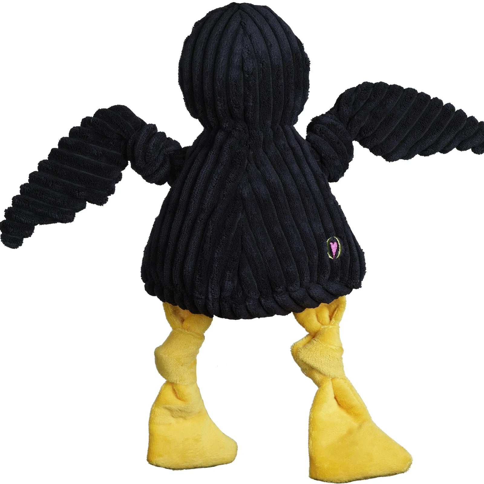 Black plush Herky the Hawk dog toy with yellow feet and wings, featuring a knotted design for interactive play.