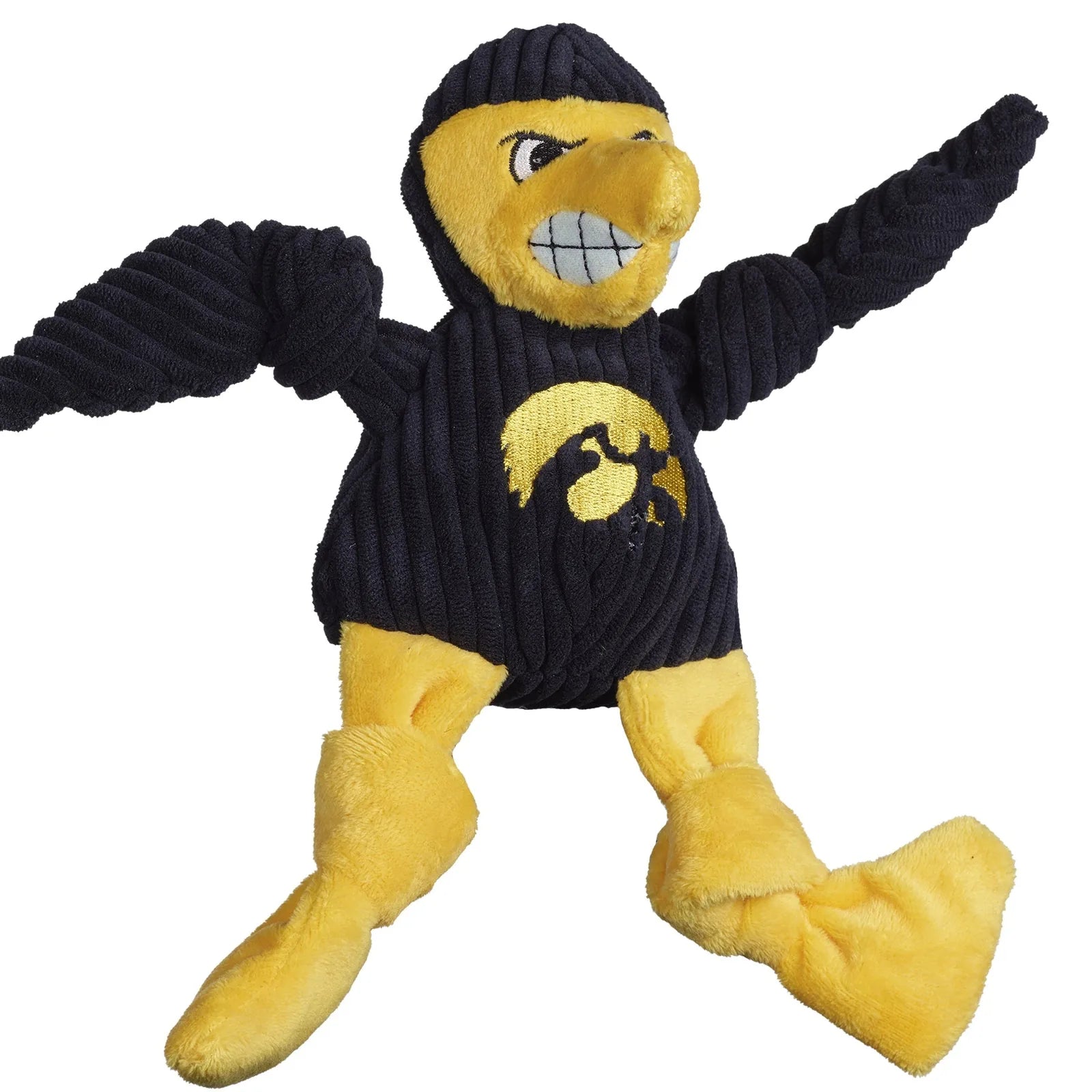 University of Iowa Herky the Hawk plush dog toy in yellow and black, with knotted limbs and five squeakers for play.