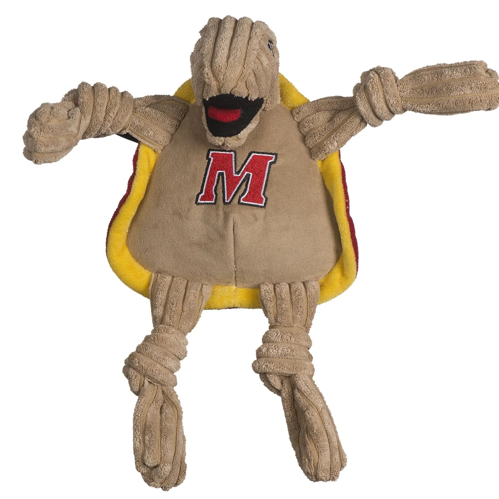 Plush University of Maryland Testudo the Terrapin dog toy, featuring a soft corduroy body, knotted limbs, and vibrant colors.