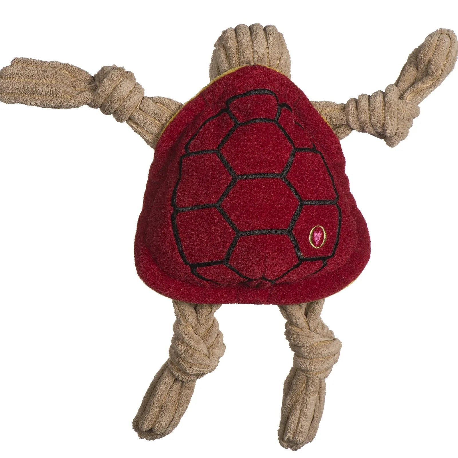 University of Maryland Testudo plush dog toy in red with knotted tan limbs and five squeakers, made from durable corduroy.