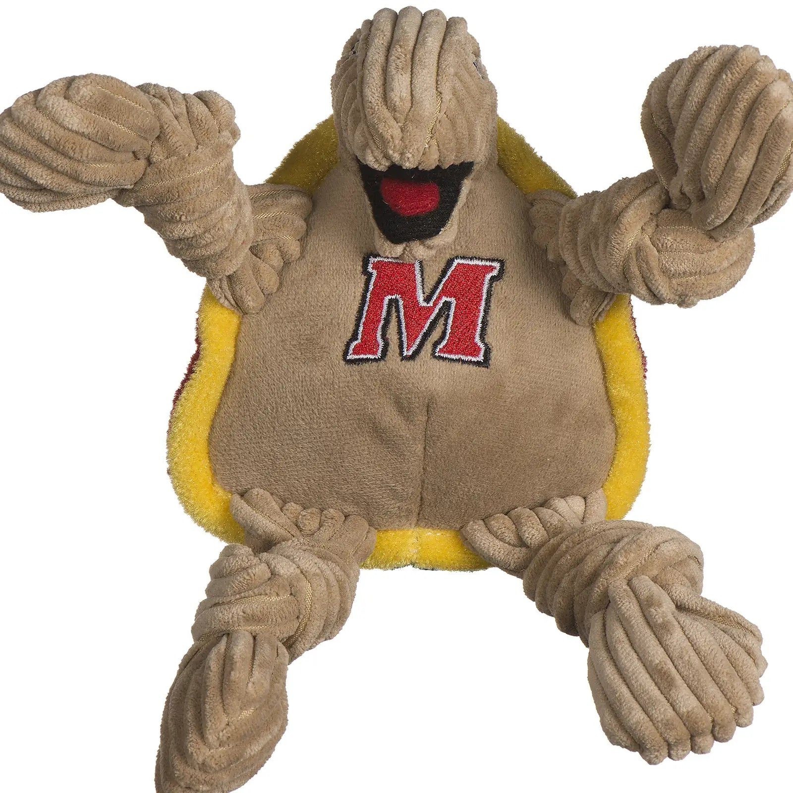 University of Maryland Testudo the Terrapin plush dog toy with knotted limbs, yellow accents, and multiple squeakers.