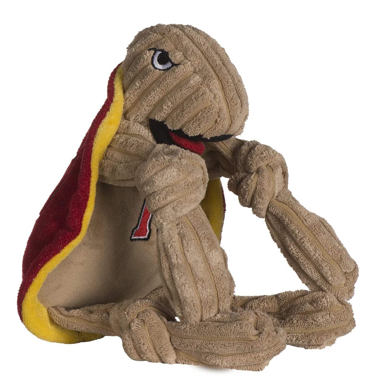 Officially licensed University of Maryland Testudo plush dog toy, featuring a tan corduroy exterior and vibrant red-yellow...