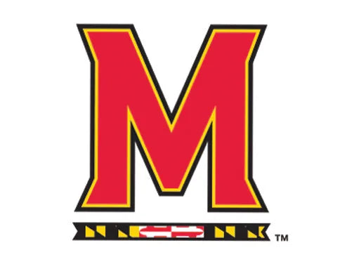 University of Maryland logo in bold red with a black outline and decorative Maryland flag design.