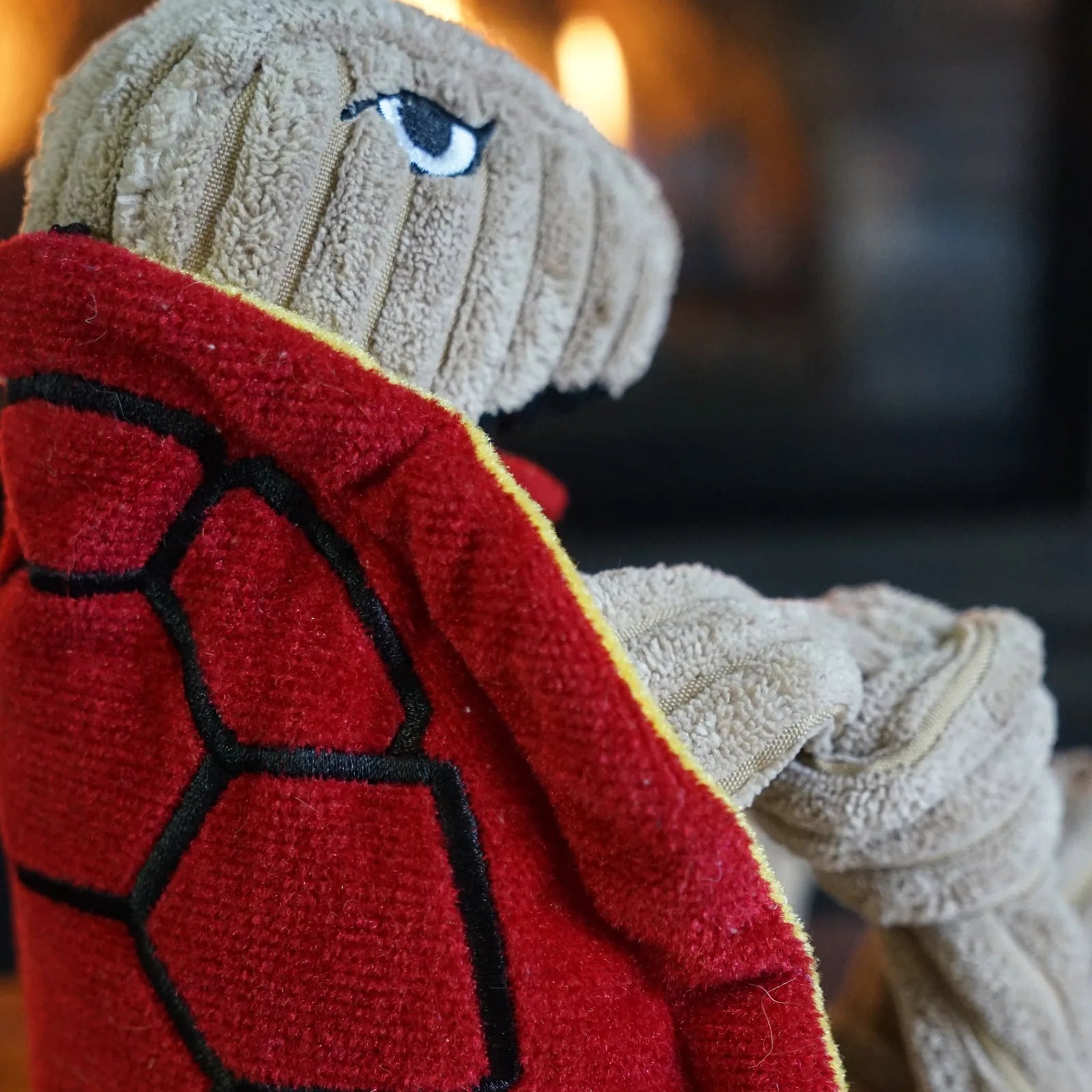 Testudo the Terrapin plush dog toy features a beige head with blue eye, wrapped in a red and black fabric cape.