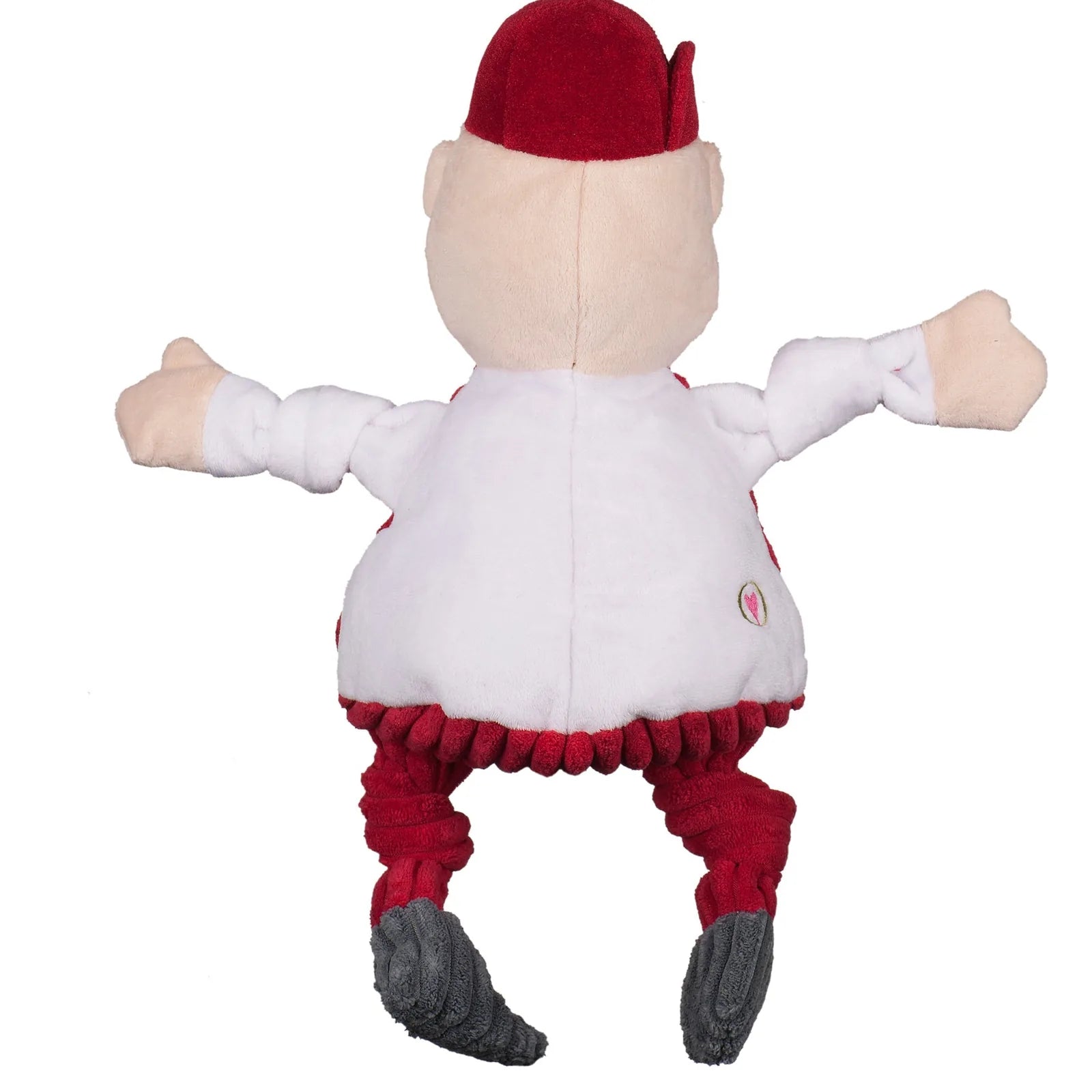 Lil Red Knottie® plush dog toy in red and white, featuring knotted limbs and a soft corduroy exterior for durability.