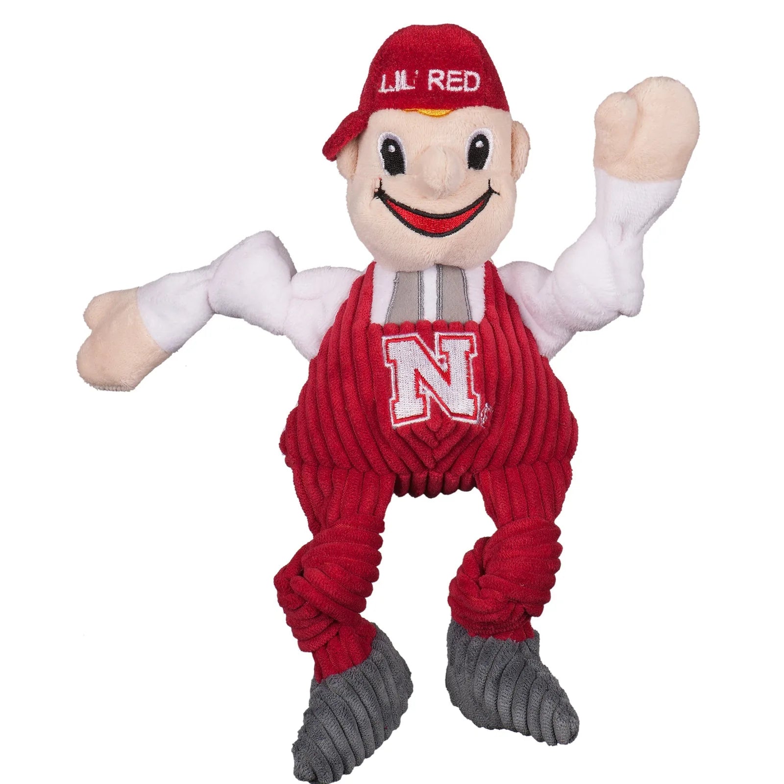 Lil Red Knottie® plush dog toy in red and white with knotted limbs, featuring a University of Nebraska logo and five squea...