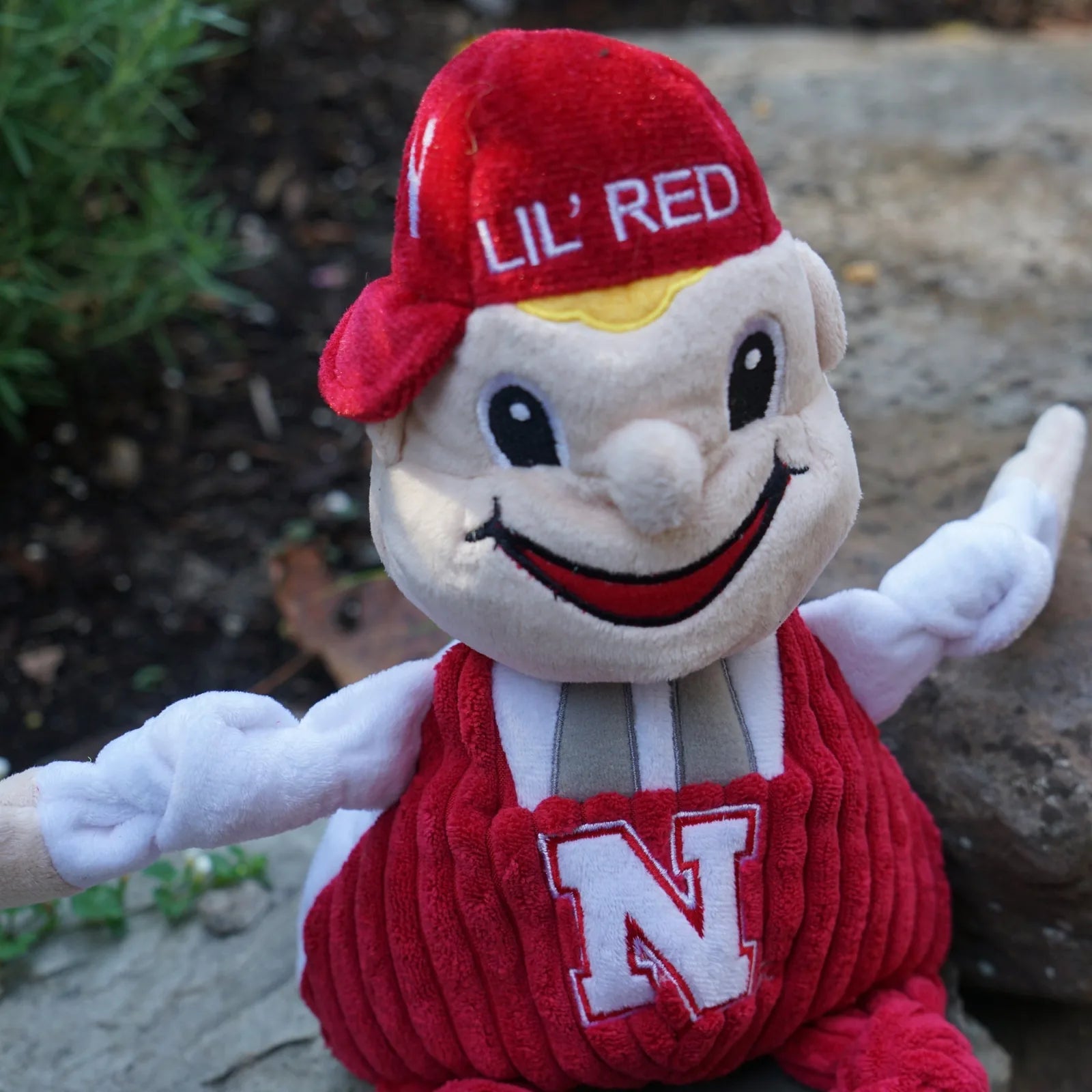 University of Nebraska Lil Red plush dog toy with knotted limbs, red corduroy texture, and five squeakers for interactive...
