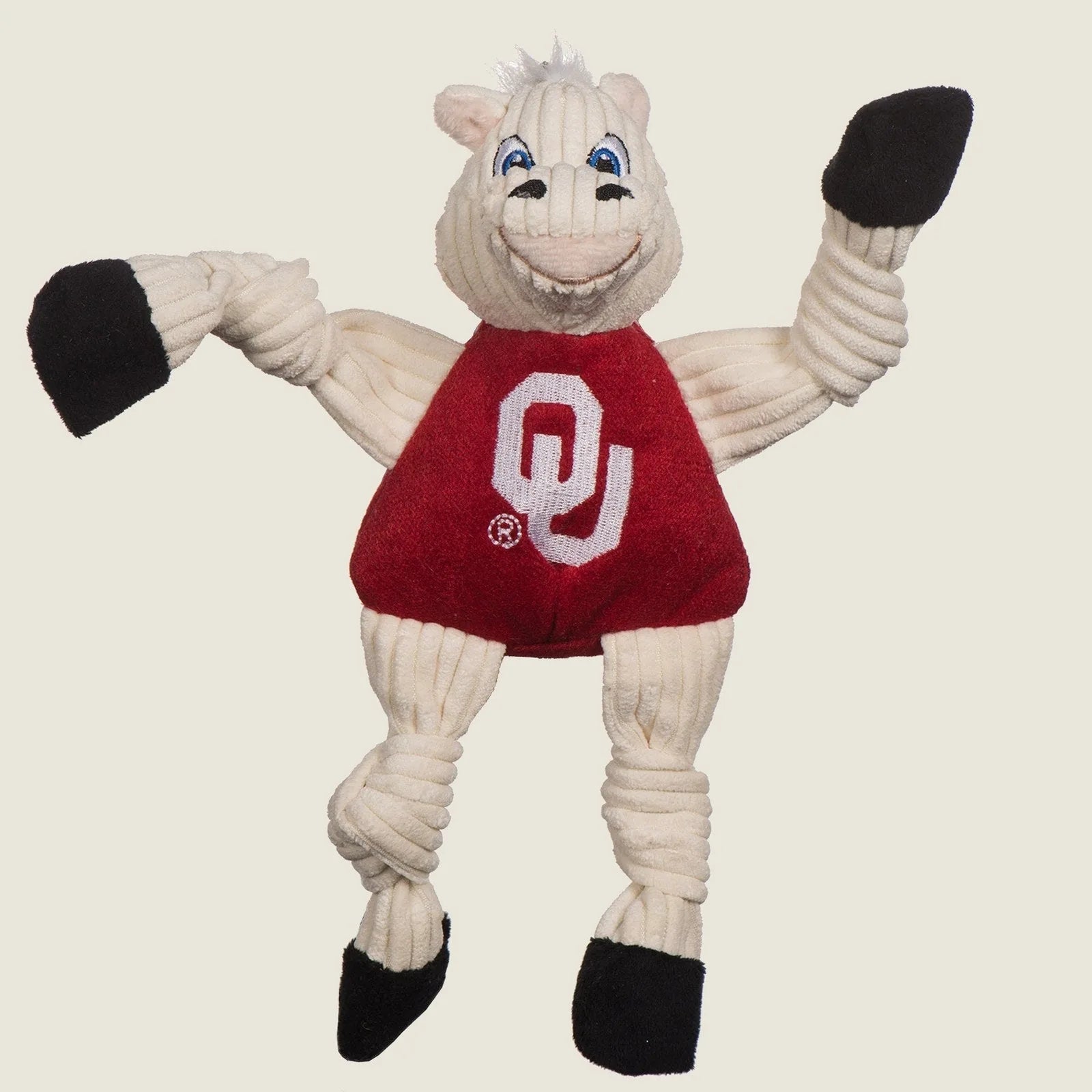 Sooner Knottie® plush dog toy featuring University of Oklahoma colors, with knotted limbs and five squeakers for interacti...