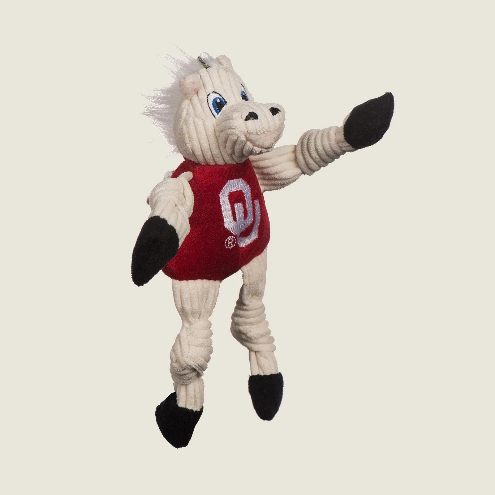 Plush University of Oklahoma Sooner Knottie dog toy with knotted limbs, red jersey, and five squeakers for interactive play.