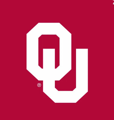 University of Oklahoma logo in white on a crimson background, showcasing school spirit for the Sooner Knottie® plush dog toy.