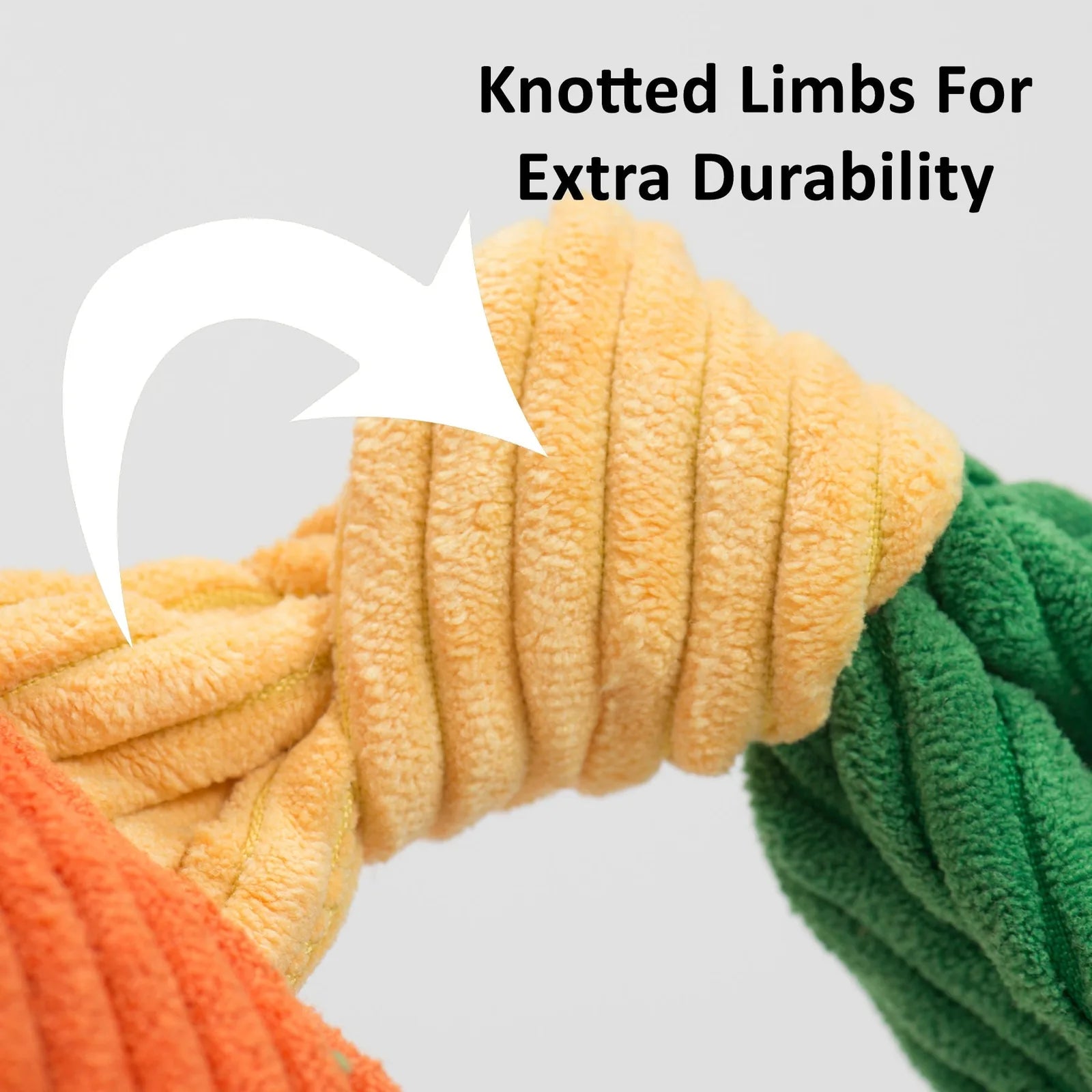 Knotted limbs in orange and yellow plush fabric for durability in the NCAA University of Oklahoma dog toy.