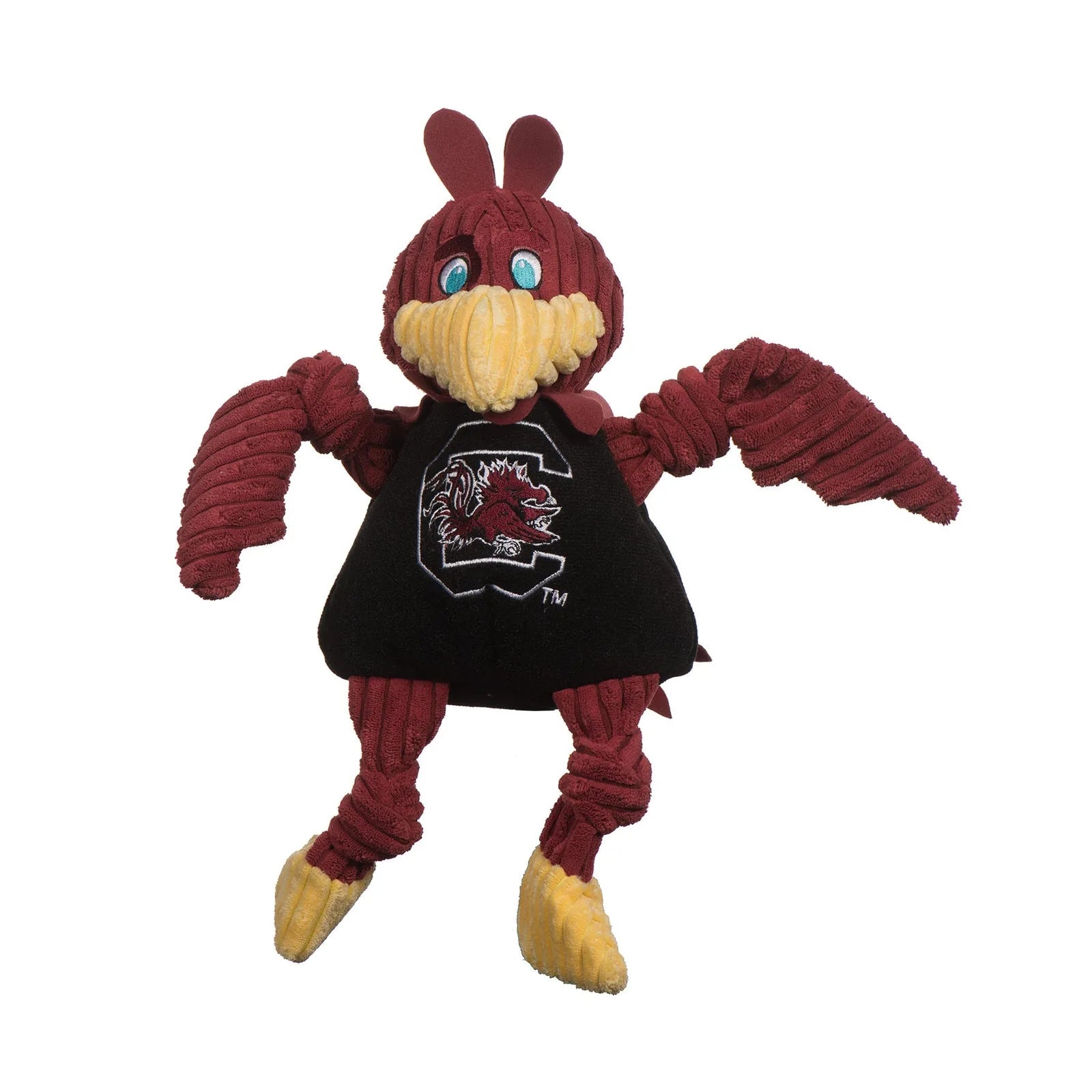 Plush red and yellow University of South Carolina Cocky dog toy with knotted limbs and five squeakers.
