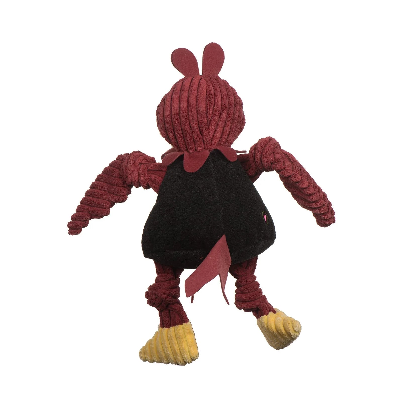 Plush University of South Carolina mascot toy with knotted limbs, red and black fabric, designed for durability and fun.