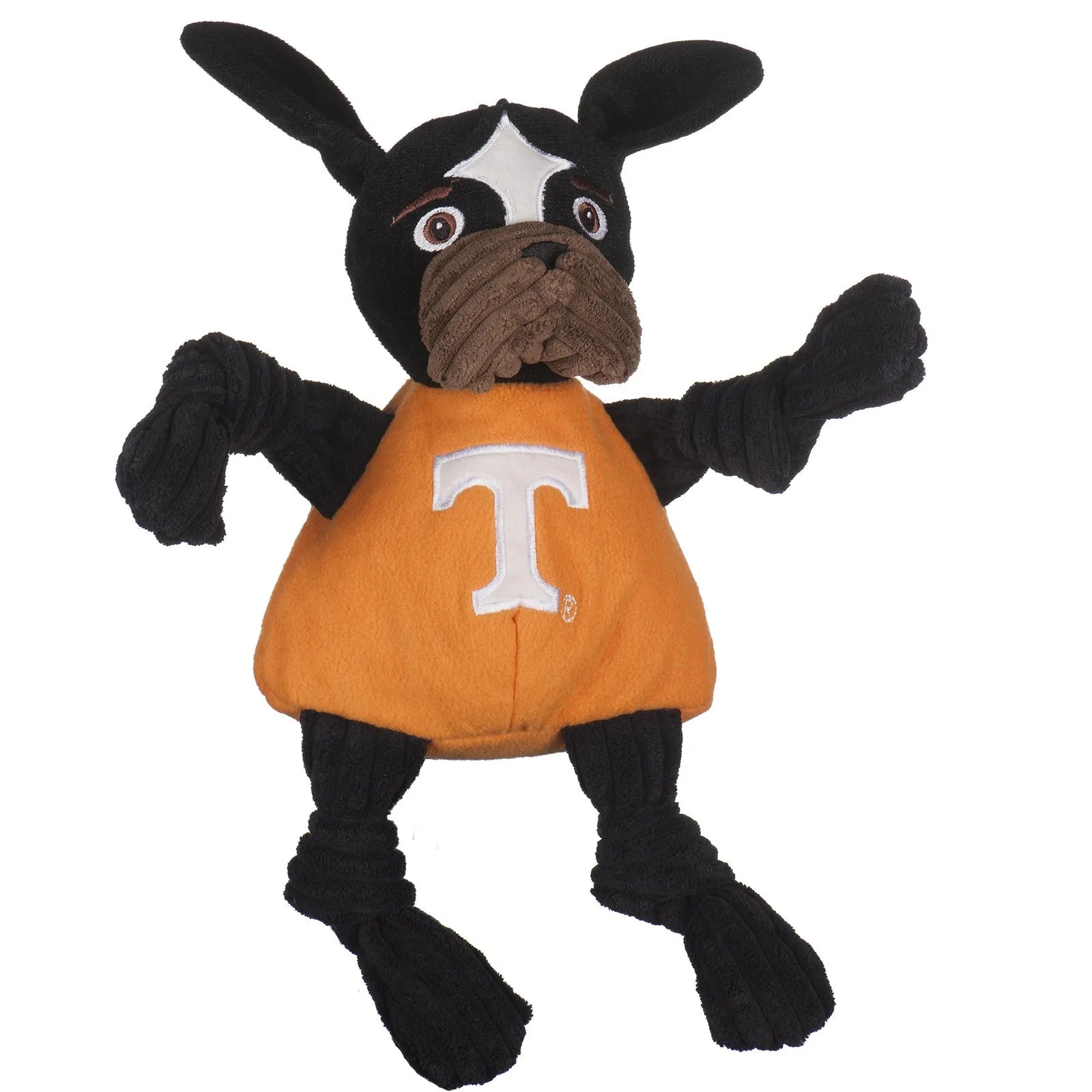 Smokey Knottie® plush dog toy in orange and black, featuring a University of Tennessee mascot design with knotted limbs.
