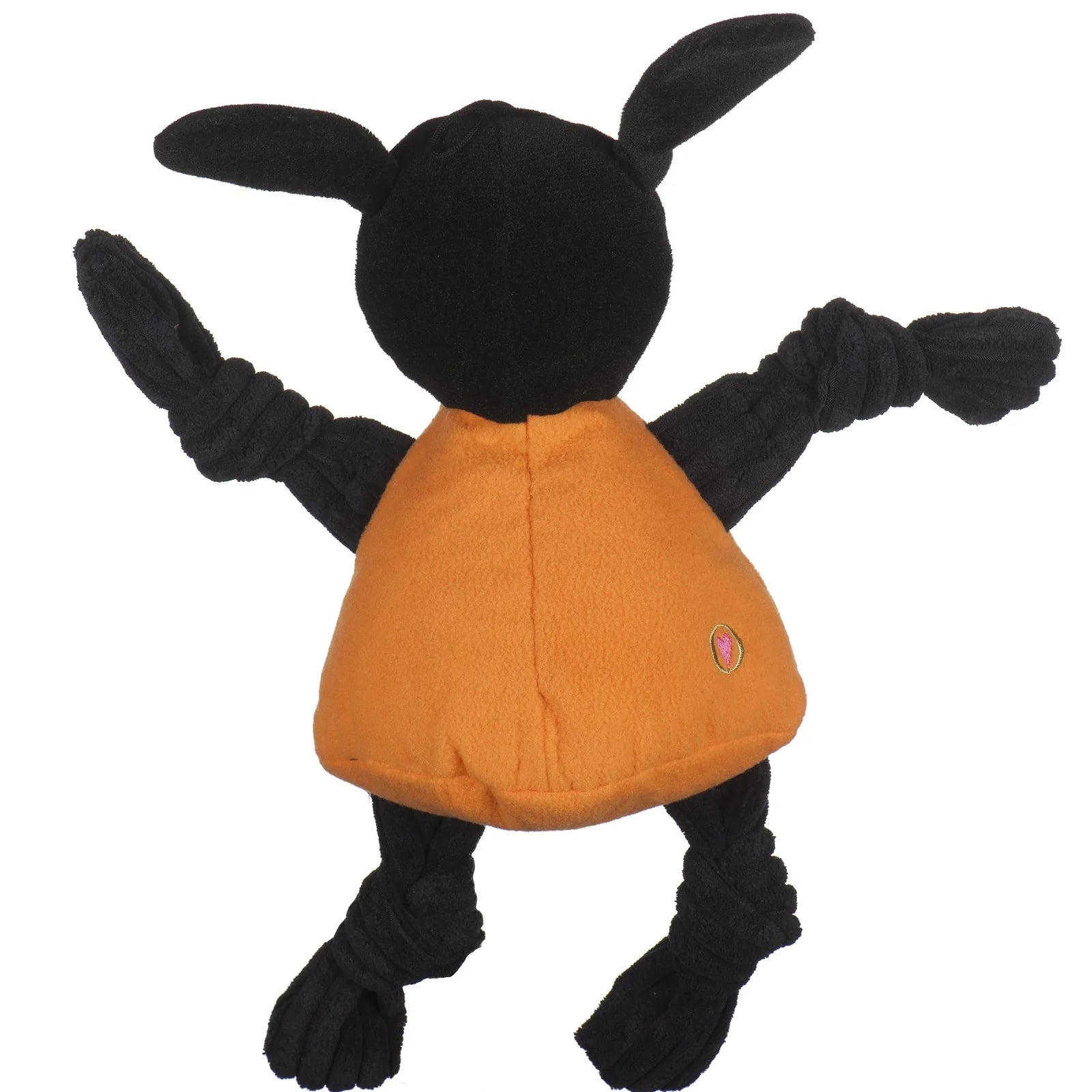 Plush black and orange Smokey Knottie® dog toy with knotted limbs, designed for durable, interactive play.