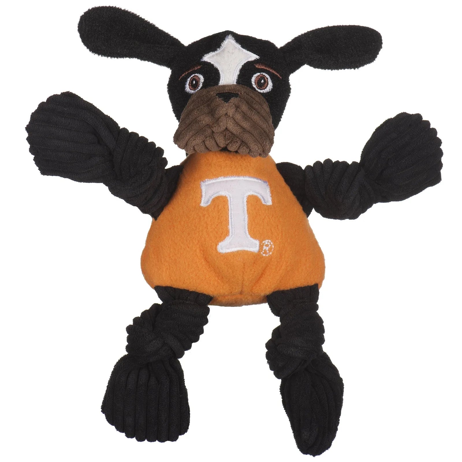 Plush University of Tennessee Smokey Knottie® dog toy featuring black cords, an orange body, and knotted limbs for tugging.