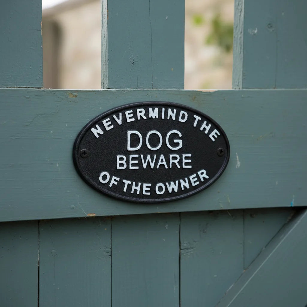 Black cast iron wall plaque on a green gate reads, "NEVERMIND THE DOG, BEWARE OF THE OWNER."