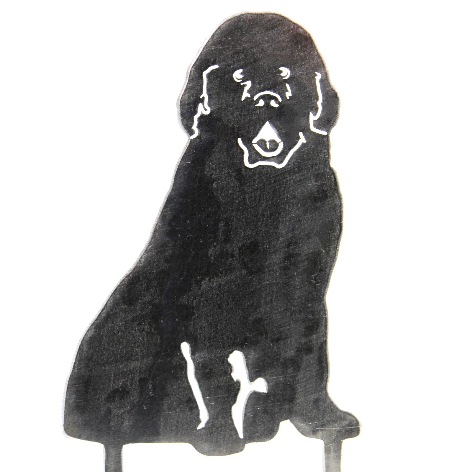 Black Newfoundland dog silhouette made from sturdy metal, ideal for outdoor decor in gardens or yards.