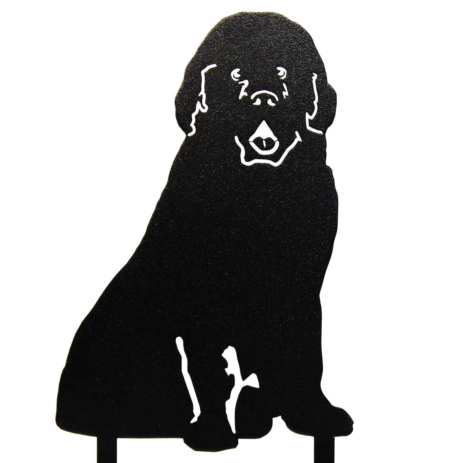 Black metal silhouette of a Newfoundland dog, showcasing detailed features, perfect for outdoor decor.